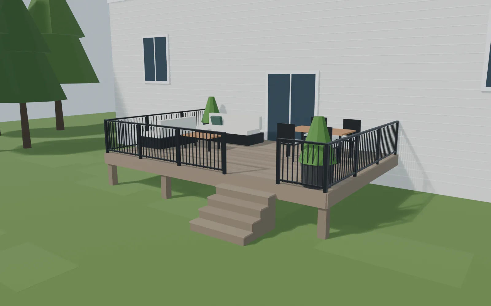Concept 3D model of a composite deck behind a house