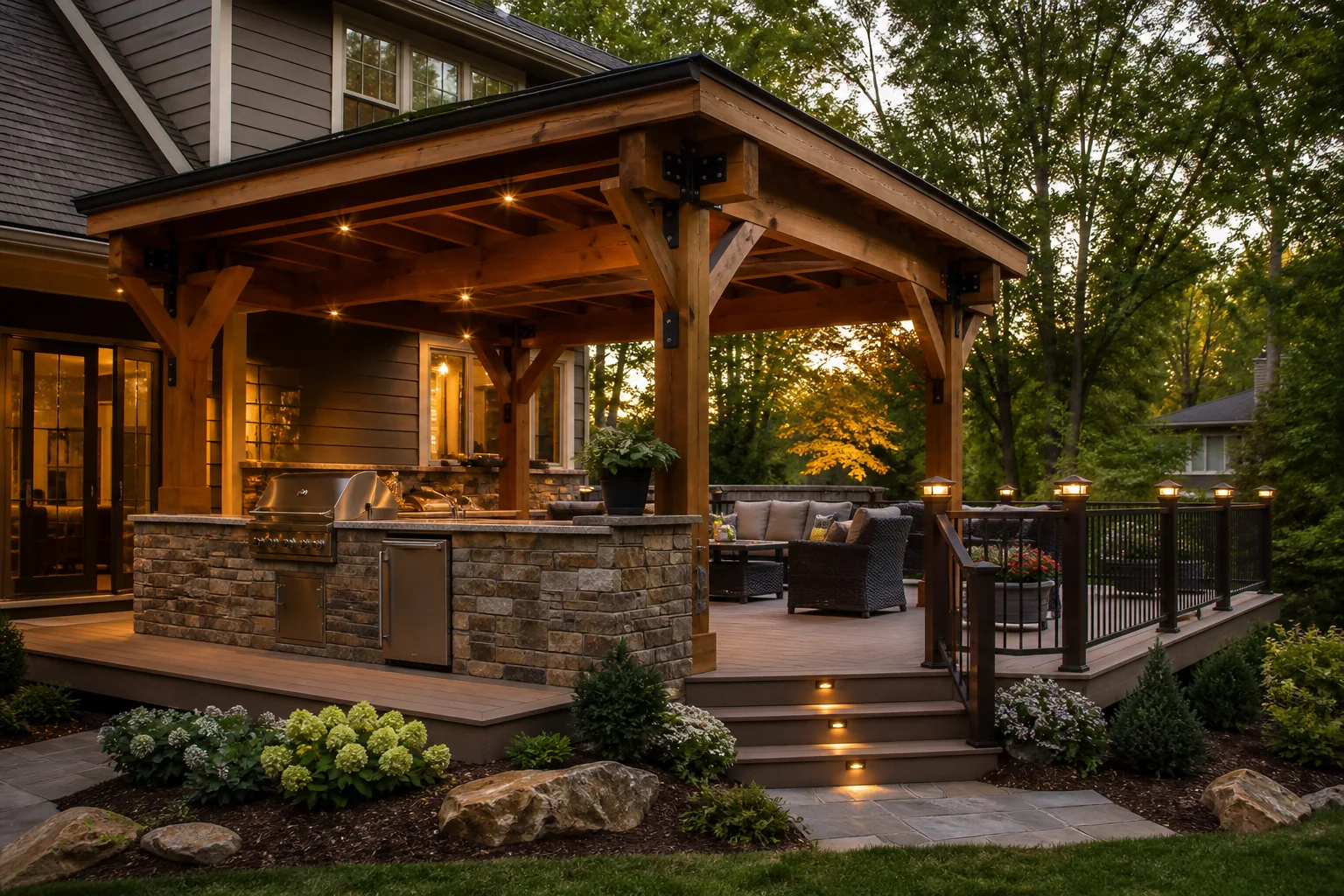 Concept visualization of a cedar-covered outdoor kitchen and entertaining deck in Metro Atlanta